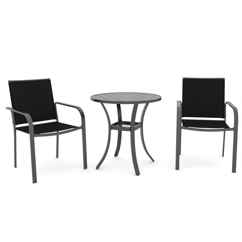 Anmutig 3 Piece Outdoor Bistro Set, 27.5" Round Metal Table, Black Chairs - color: Black Fabric + Black Frame, size: 27.5"*27.5"*28"