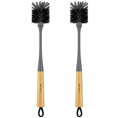 MR.SIGA Water Bottle Brush, Long Handle Bottle Brush for Sports Bottles | bottle brushes for cleaning, drinking glasses brush with bamboo handle, 5.7 cm(2.2 inch) wide brush head, 2 pack - color: Gray