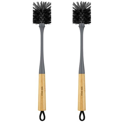 MR.SIGA Water Bottle Brush, Long Handle Bottle Brush for Sports Bottles | bottle brushes for cleaning, drinking glasses brush with bamboo handle, 5.7 cm(2.2 inch) wide brush head, 2 pack - color: Gray