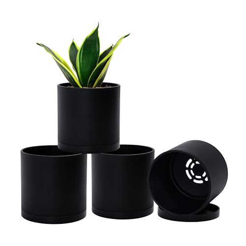 D'vine Dev 4-Pack Black Plastic Planters with Saucers, 4.5 in, 74-Y-F-2 | Lightweight Durable Build, Matte Finish, Cylindrical Shape, Efficient Drainage, Detachable Saucer, Minimalist Modern Style - size: 4.5"