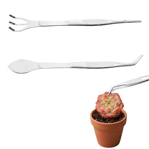 2-in-1 Bonsai Tweezers Set - 8.8" Stainless Steel Long Plant Tweezers with Rake & Spatula Tips, Straight + Curved Tools for Bonsai, Succulents & Terrariums