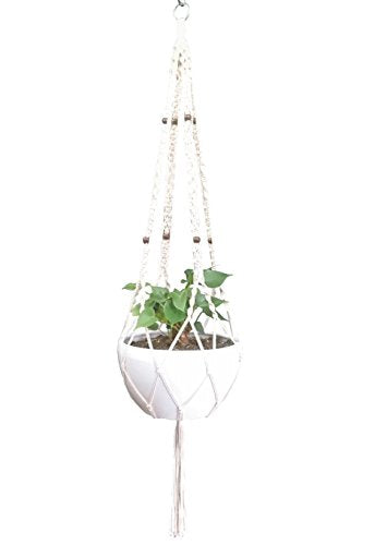 Rope Macrame Plant Hanger Hanging Planter 4 Legs 59 Inch for 12-13 inch Plant Pot, Without Pot and Plant (Cream-Cotton)
