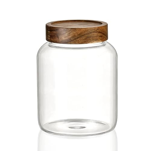 49 Fl oz/1450 ml Large Glass Jar with Wooden Screw On Lid, Wide Mouth Clear Airtight Container, Kitchen Storage Canister for Cookies,Coffee Pod,Bean,Cereal,Treat,Pickle,Biscuit,Candy