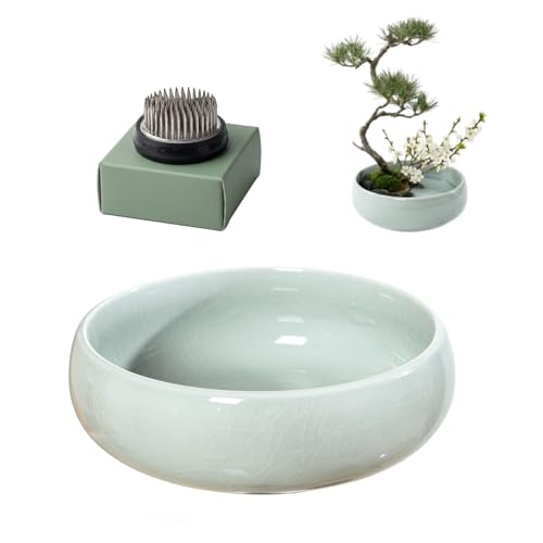 Ikebana Kit, Bowl, with 1.8in Floral Frog | Japanese Flower Vase, Ikebana Vase, Flower Frog Kit, for Hydroponic, Water Lotus Bowl, Japanese Floral Arrangement - color: Crackle Celadon