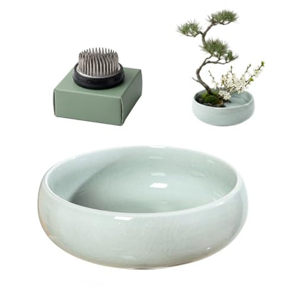 Ikebana Kit, Bowl, with 1.8in Floral Frog | Japanese Flower Vase, Ikebana Vase, Flower Frog Kit, for Hydroponic, Water Lotus Bowl, Japanese Floral Arrangement - color: Crackle Celadon