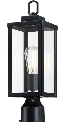 Outdoor Post Light Fixture, Tempered Glass, Black, 1 Pack | Dusk to Dawn Exterior Pole Lantern for Yard Garden Pathway, Waterproof Rustproof Galvanized Metal, E26 Socket, 60W Max - color: Black, size: 1pk-d2d