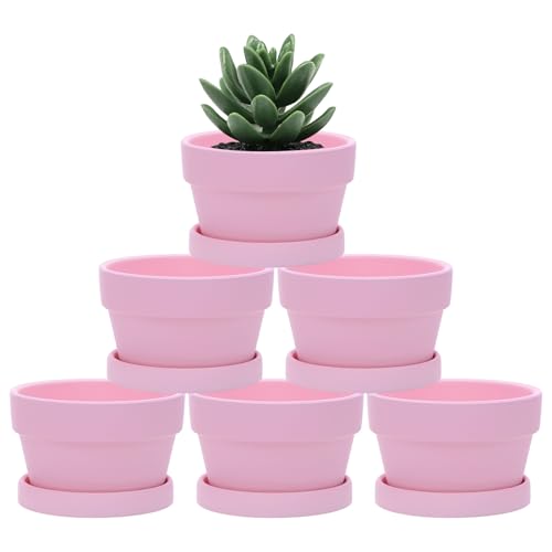 M METERXITY 6-Pack Shallow Terracotta Clay Pots, 4.3" Ceramic Small Plant Pots with Saucer and Drainage Holes for Succulent Plants/DIY Crafts, Terracotta Pottery Planters [Light Pink] - color: Light Pink