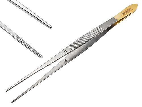 ARTMAN INSTRUMENTS Straight Tweezers for Lab Surgical High Precision Stainless Steel 6” Thumb Dressing Serrated Forceps with Gold Plated Handle Mutipurpose Tweezer