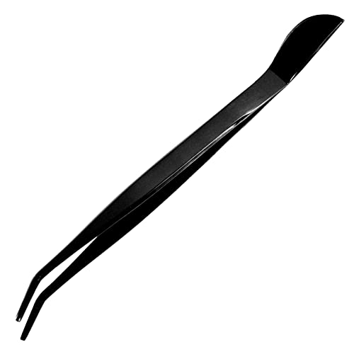 KAKURI Bonsai Tweezers Curved Serrated Tips with Spatula 8.8" - Made in Japan - Professional Bonsai Care Tool - Black Coated Japanese Stainless Steel - color: Black (Curved)