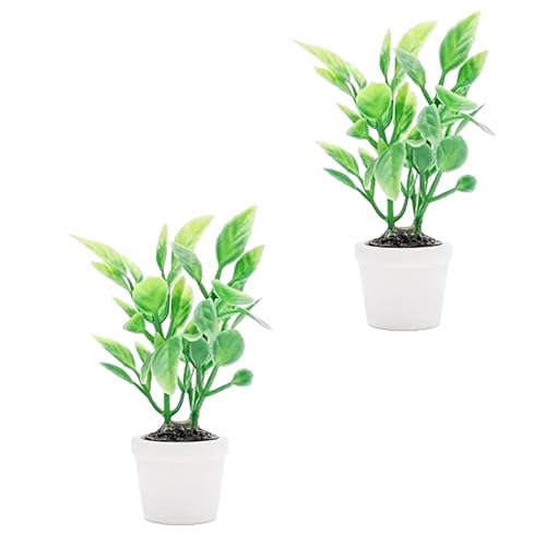 2Pcs 1/12 Miniature Green Plants Dollhouse Decoration Accessories, Mini Potted Plant Artificial Tiny Greenery Ornament Faux Flower Model Decoration