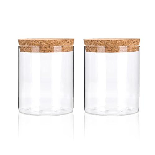 Airtight Glass Storage Containers with cork Lid, for Kitchen Pantry Organization and Storage jar，Ideal for Coffee Beans Snacks Flour Cereal Sugar Tea 16oz. (Circular 3.9 * 3.3in*2pcs)