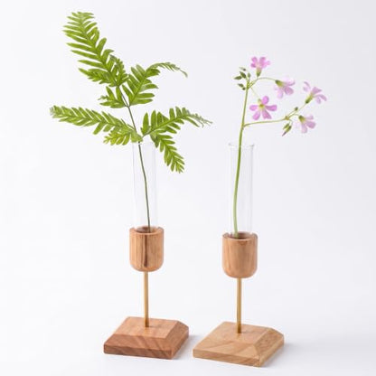2Pcs Plant Propagation Vases with Wooden Stand | Small Vases for Hydroponic Plants Cutting Office Home and Garden Decor