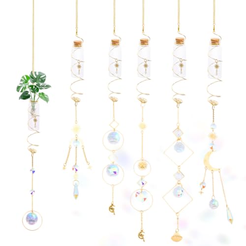 DICOSMETIC 6Pcs 6 Styles Hanging Plant Propagation Station Wishing Bottle with Crystal Ball Prisms Suncatcher Glass Hanging Propagation Tubes Vases with Moon Sun Charm for Home Indoor Decor - size: 55~65cm