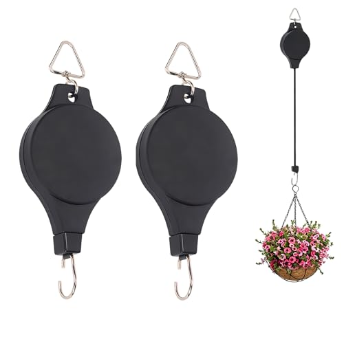 2Pcs Retractable Plant Pulley Adjustable Plant Hanger Hanging Flower Basket Hook Hanger for Garden Baskets Pots and Birds Feeder in Different Height Lower and Raise (Black)