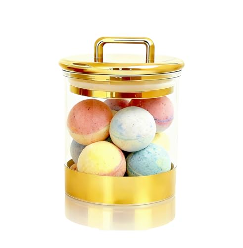 Acrylic Storage Jar with Gold Lid – Airtight Clear Canister for Bathroom & Kitchen | Qtip Holder, Cotton Pad Jar, Candy & Snack Container, Vanity Organizer for Small Essentials 4.8" - color: golden 02-1pcs