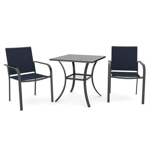 Anmutig Outdoor Bistro Set for 2, Stackable Chairs & Square Table, Blue - color: Blue Fabric + Black Frame, size: 27.6"*27.6"*28"