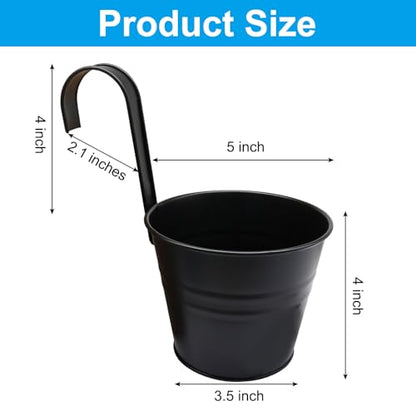 5 Inch Hanging Flower Pots, 5 Pcs, Metal Buckets, Black | Removable Hooks, Drainage Holes, For Wall, Fence, Balcony, Patio Home Decor - size: 5 Inch