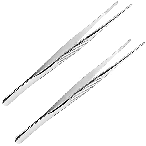 2pcs 10 Inch Cooking Tweezers with Straight Serrated Tip | Stainless Steel, Kitchen Long Tweezers, Heavy Duty Food Tweezers for Cooking, Bar, BBQ, Crafting Repairing - size: 10 Inch