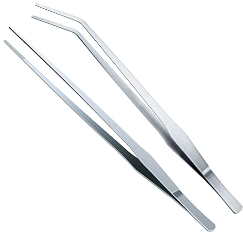 OIIKI 2PCS Stainless Steel Tongs Tweezers, 15 inch Staright Tongs Tweezer - size: 15 inch Straight & Curved (2 PCS)