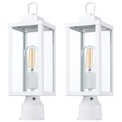 Outdoor Post Light Fixture, Tempered Glass, White, 2 Pack | Dusk to Dawn Exterior Pole Lantern for Yard Garden Pathway, Waterproof Rustproof Galvanized Metal, E26 Socket, 60W Max - color: White, size: 2pk-d2d