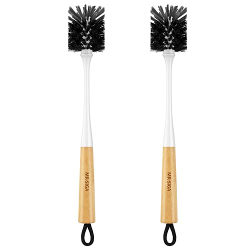 MR.SIGA Water Bottle Brush, Long Handle Bottle Brush for Sports Bottles | bottle brushes for cleaning, drinking glasses brush with bamboo handle, 5.7 cm(2.2 inch) wide brush head, 2 pack - color: White