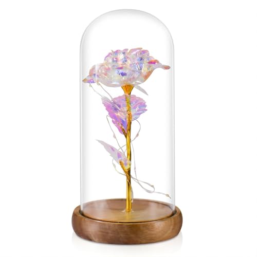 Galaxy Artificial Rose in Glass Dome - Premium Acacia Wood Base, Enchanted Eternal Flower for Home Decor, Unique Birthday Gifts for Women, Wife, Her