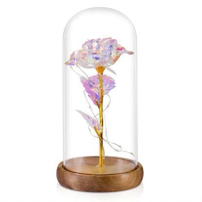 Galaxy Artificial Rose in Glass Dome - Premium Acacia Wood Base, Enchanted Eternal Flower for Home Decor, Unique Birthday Gifts for Women, Wife, Her