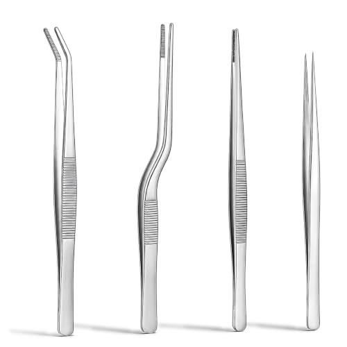 4pcs Garden Tweezers Set, Stainless Steel Long Precision Plant Tongs | Long Reach Tools with Different Tips for Succulent Bonsai Cactus Aquarium Reptile Feeding Kitchen Cooking & DIY Craft Use