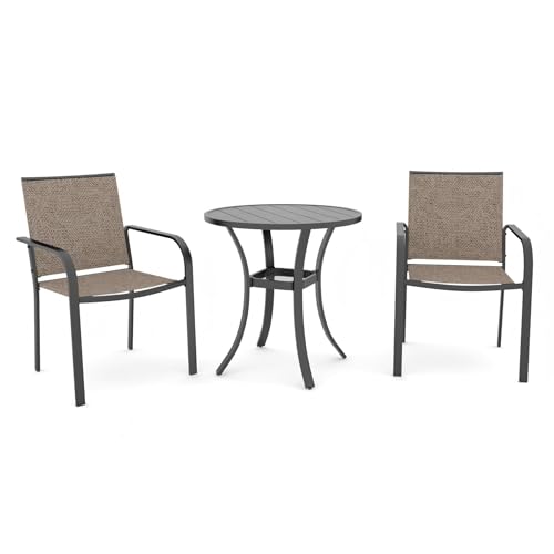 Anmutig 3 Piece Outdoor Bistro Set, 27.5" Round Metal Table, Beige Chairs - color: Beige Fabric + Black Frame, size: 27.5"*27.5"*28"