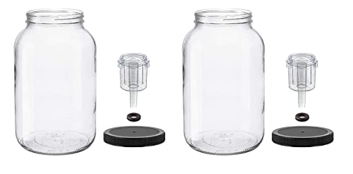 North Mountain Supply 1 Gallon Glass Jar Wide Mouth with Grommeted Black Plastic Lid, and 2-Piece Airlock - USDA, BPA-Free, Made in the USA - for Fermenting, Kombucha, and Much More! - Case of 2