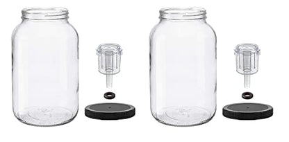 North Mountain Supply 1 Gallon Glass Jar Wide Mouth with Grommeted Black Plastic Lid, and 2-Piece Airlock - USDA, BPA-Free, Made in the USA - for Fermenting, Kombucha, and Much More! - Case of 2