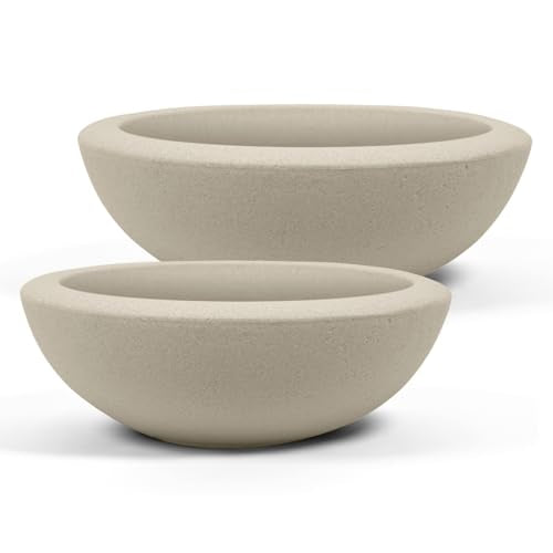 ARBORA 21" & 26" Santorini Bowl Planters - Polyresin Large Outdoor Pots - color: Cream, size: 21" & 26" Multipack