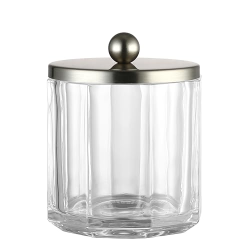Clear Transparent Apothecary Octagional Shaped Glass Canister Jar With Satin Nickel Metal Lid Cover for Bathroom Organization, Cotton Balls, Q Tips, and Small Accessories, Bath Storage - color: CLEAR GLASS NICKEL LID