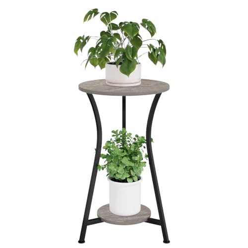 YINMIT Plant Stand Indoor, Wood Tall Plant Stand, 2 Tier Plant Shelf Holder - color: Grey