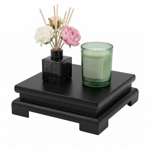 Tofficu 5.9" Black Wood Riser for Decor, Square Bathroom Counter Organizer Tray, Wooden Pedestal Stand for Kitchen Soap Dispenser, Plant, Bonsai and Vase Display