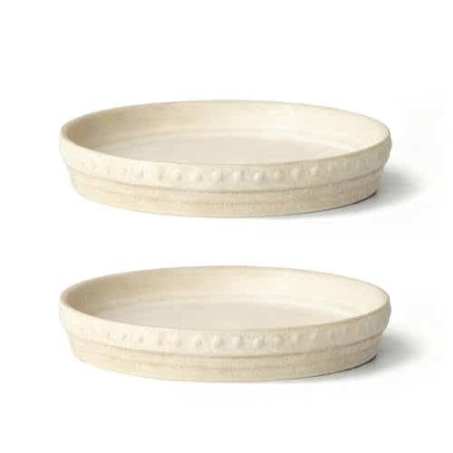 Plant Saucers, Plant Trays to Catch Water, 2 Pcs 8" Ceramic Saucer | Flower Pot Saucers fit pots up to 7", hand-painted antique beige ceramic, catches excess water to protect floors - color: Beige White
