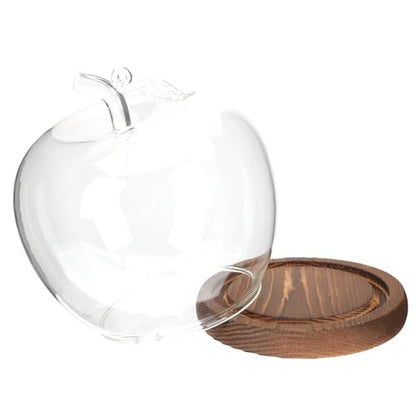 Glass Dome with Wood Base - 6.30x5.31in Clear Display Case Fruit Shaped Cloche Transparent Cover for Preserved Flowers Clay Crafts Collectibles Items Home Office Desktop Tabletop Decor