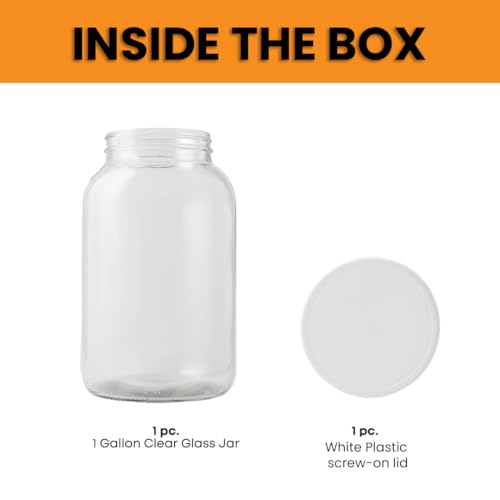 1 Gallon Glass Jar with Lid | Wide Mouth Food Storage and Fermentation Jar | Heavy-duty Glass Jars with Lids for kombucha, pickling and dry goods | Large Glass Jar with Lid has a reusable plastic cap - size: 1 Pack