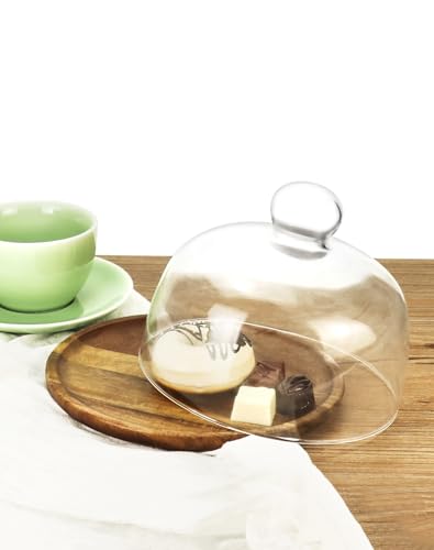 QWORK Glass Dome Cloche with Acacia Wood Tray – 7" Cover for Cakes, Cheese & Table Display