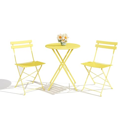 3-Piece Folding Bistro Set, Outdoor Patio Furniture Set with 2 Chairs & 1 Table, Space-Saving Foldable Balcony Garden Set with Heavy-Duty Powder-Coated Steel Frame, No Assembly Required, Yellow - color: Yellow, size: 3PCS