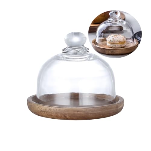 Rikyo 3.25 inch Glass Dessert Dome with Wood Base,Round Mini Cake Stand | Small Cake Plate Wooden Plates with Dome,Fruit Display Server Tray for Kitchen,Wedding,Appetizer Dessert Cheese Serving Stand