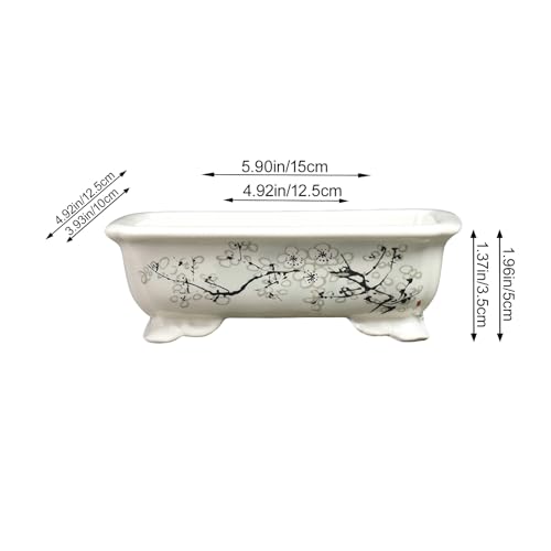 Bonsai Pots with Drainage Tray, 6" Rectangular Chinoiserie Decor - color: White-2
