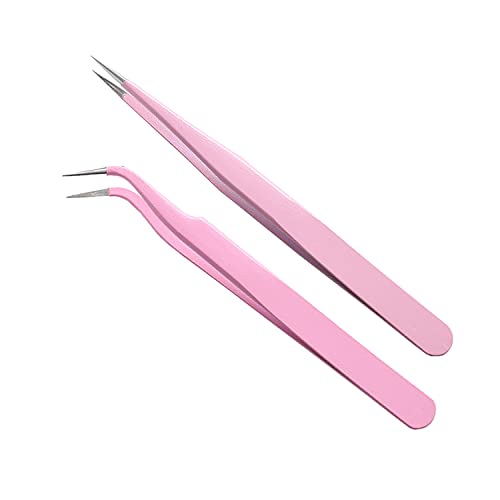 MAXLEAF 2PCS Stainless Tweezers Straight Curved Tweezers for Stickers | Tweezers for Eyelash Extensions Precision Electronics Nail Rhinestone Jewelry, Scrapbooking Tools (Pink) - color: Pink