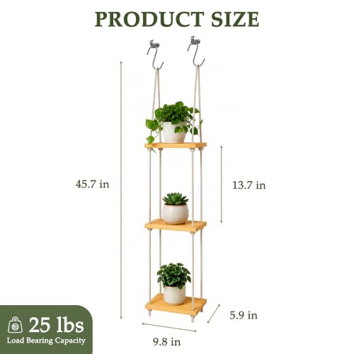 Window Plant Shelves, 3-Tier Window Shelf for Plants, Hanging Plant Shelf for Windows, Painted Wood Window Sill Shelf for Plants, Macrame Plant Hanger, Boho Decor for Living Room Bedroom Wall