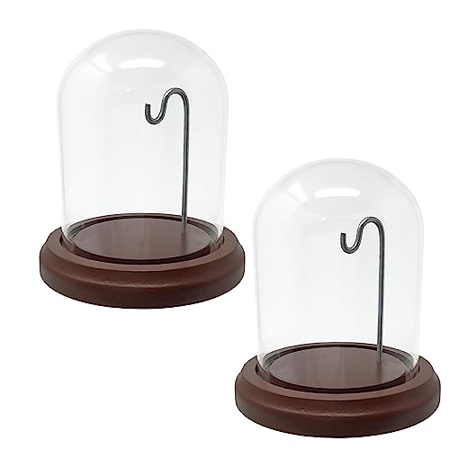 BANBERRY DESIGNS Clear Glass Display Dome with Wooden Base & Metal Hook – Set of 2 Cloche Bell Jars – 4.5" H x 4" W – Decorative Cover for Collectibles, Jewelry, Mini Plants & Crafts