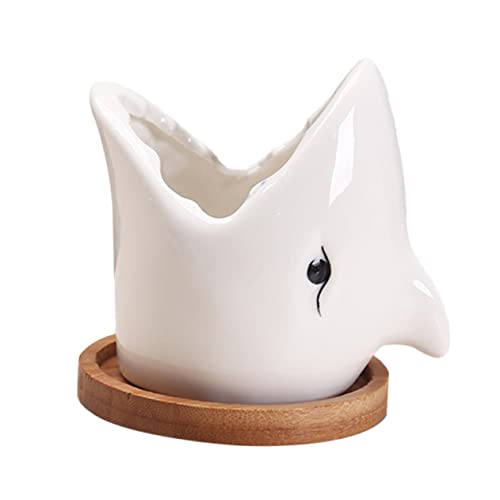 Adorable Ceramic Succulent Flowerpot Unique Big Mouth Shark Design for Indoor Decor Present for Friends and Planter - color: White