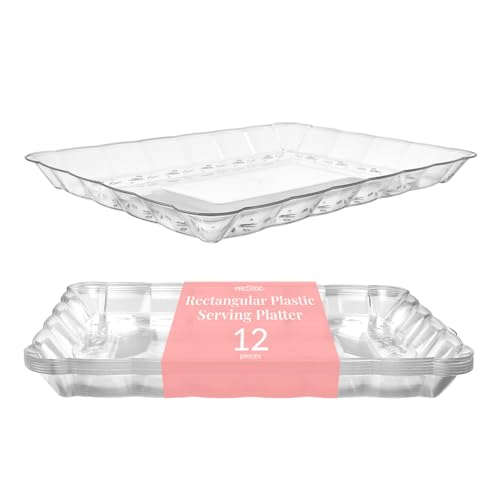 Prestee 12-Pack Serving Tray - 9x13 Inches Disposable Rectangular Plastic Food Tray for Parties and Events - Clear Platters for Dessert Table Displays, Appetizers, Snacks, and More - size: 12ct Clear