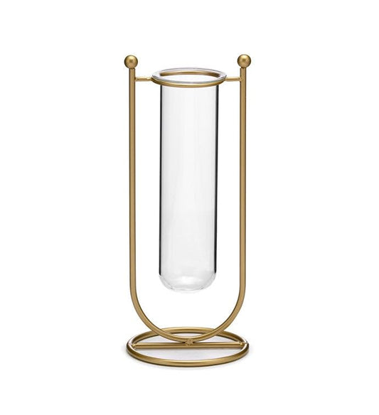 Napco Minimalist Plant Propagation Station for Cuttings, Hydroponics, and Home Décor 4 x 9.5 Inch Modern Glass Propagation Tube with Gold Metal Stand