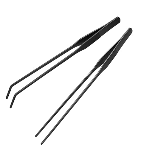 Aquarium Tweezers, 2-Pack Straight & Curved Stainless Steel Tongs | Straight & curved, serrated tips, non-slip handles, 10.6", for aquariums, reptiles, plants, feeding, gardening