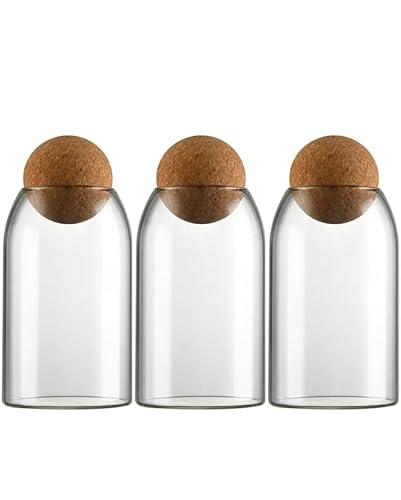 Glass Terrariums with Airtight Wooden Lid (Ball Cork) | Closed Terrarium Planters | Clear Glass Bottle Jar Containers | Set of 3 | Jars for Indoor Plants/Moss (Set of 3 (800ml / 27oz)) - size: Set of 3 (800ml / 27oz)